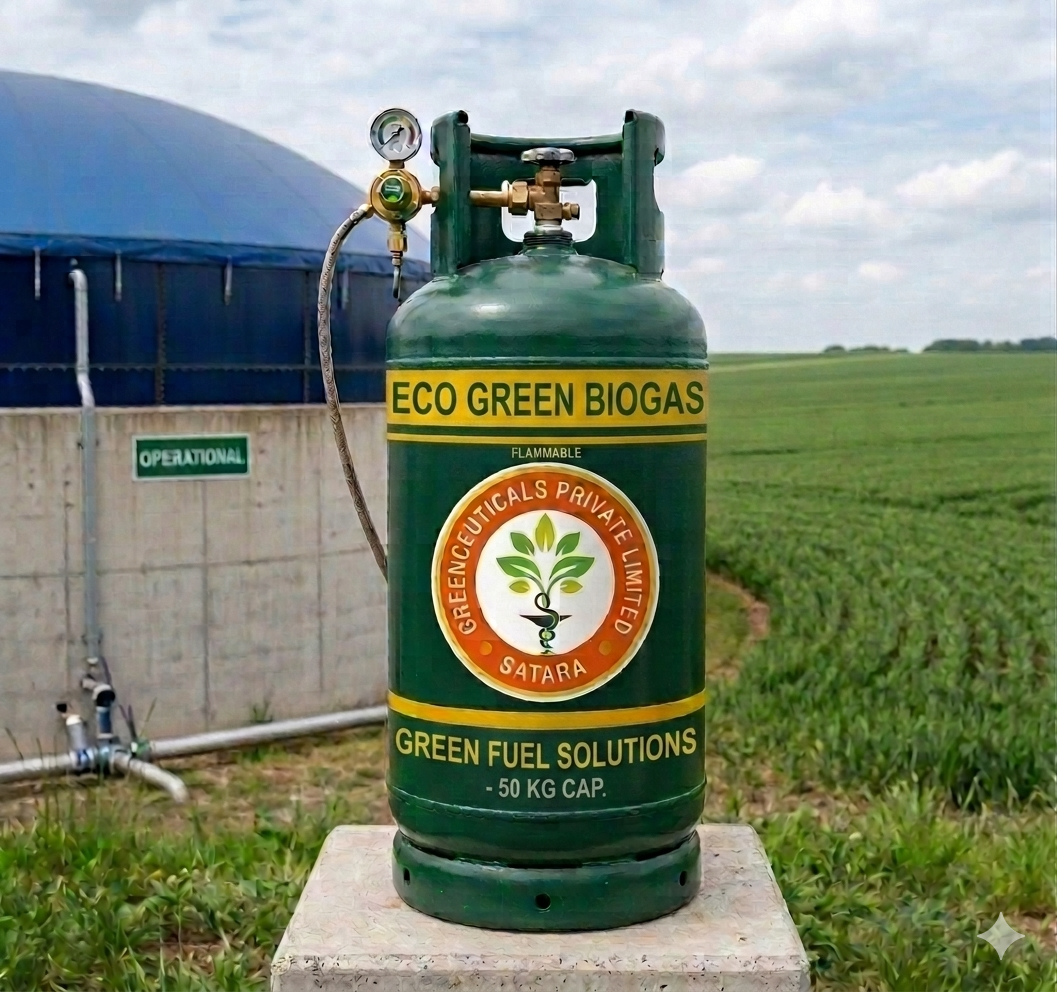 Eco Green Biogas 50kg cylinder in front of biogas digester